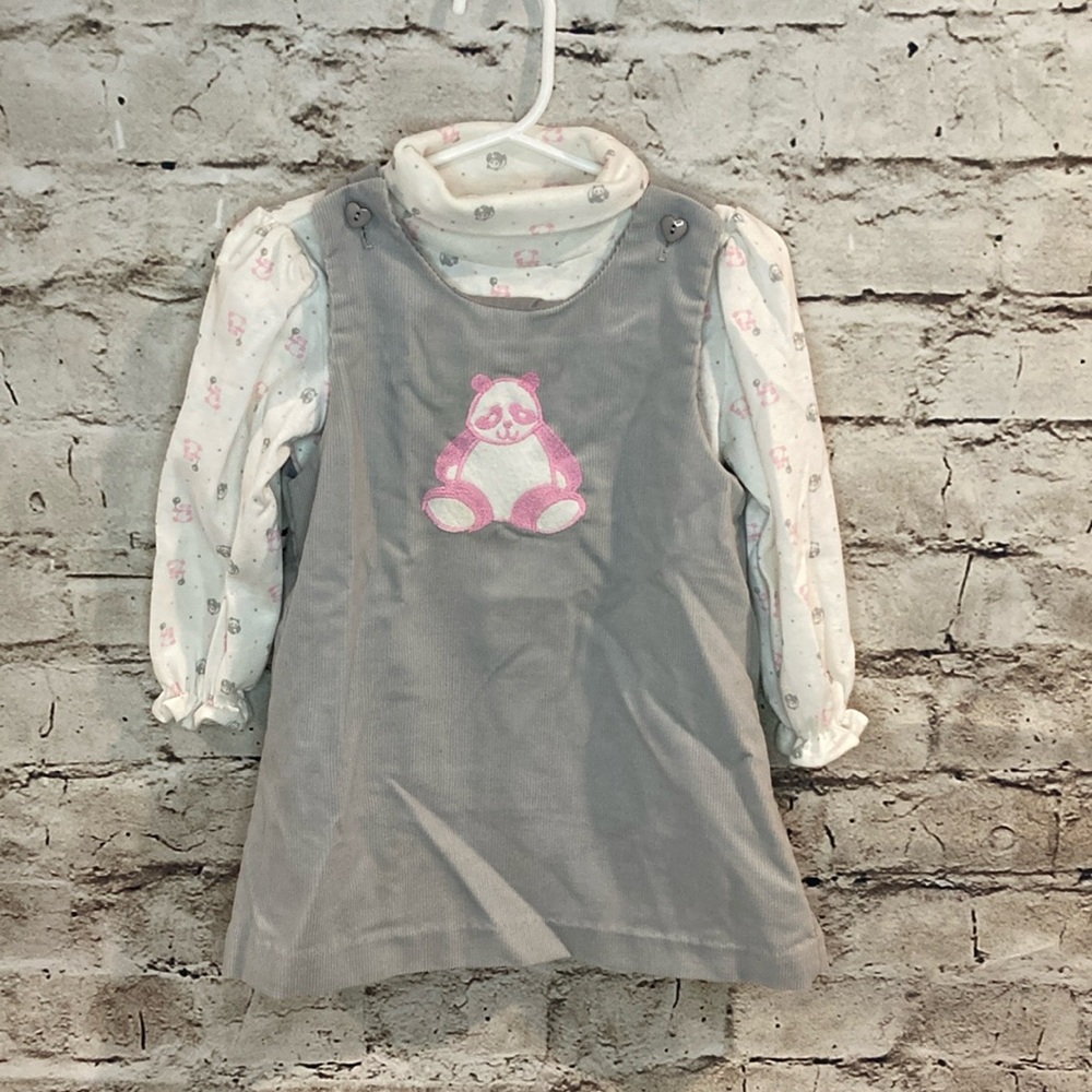 USA made Vintage Gray and Pink Kids Dress with Panda Design